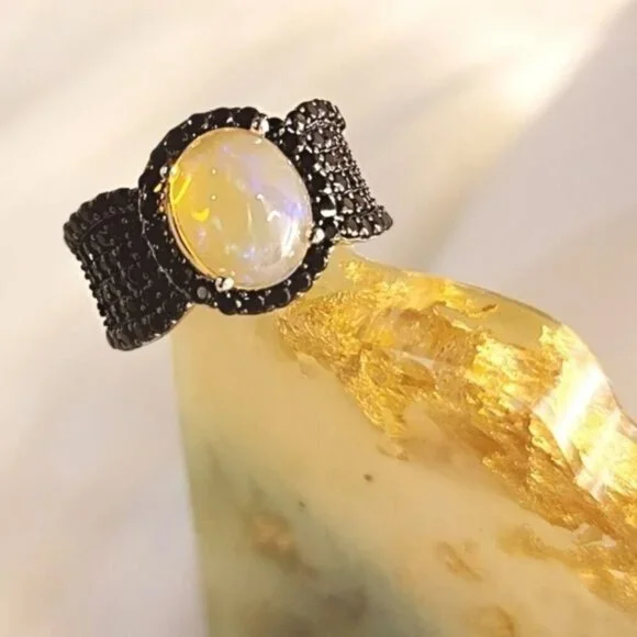 Ethiopian Opal ✦ Black Spinel Ring ✦ 925 Rhodium Oval Fire Gemstone Sz 5 NWT - Picture 4 of 6
